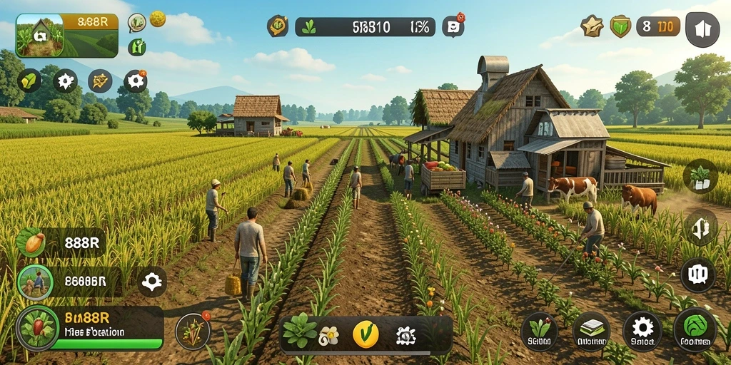 Tampilan gameplay 888R dengan aktivitas pertanian yang seru.