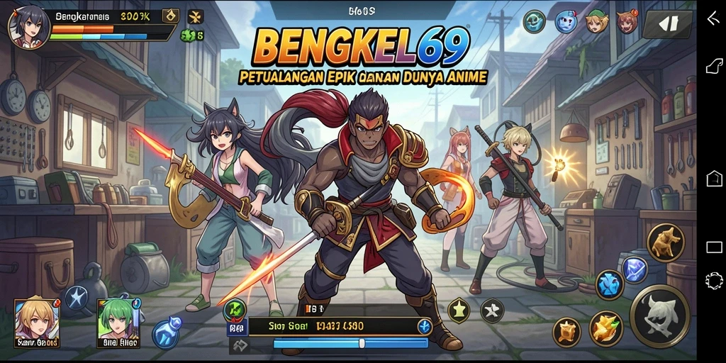 Tampilan seru dari gameplay BENGKEL69 dengan karakter anime.