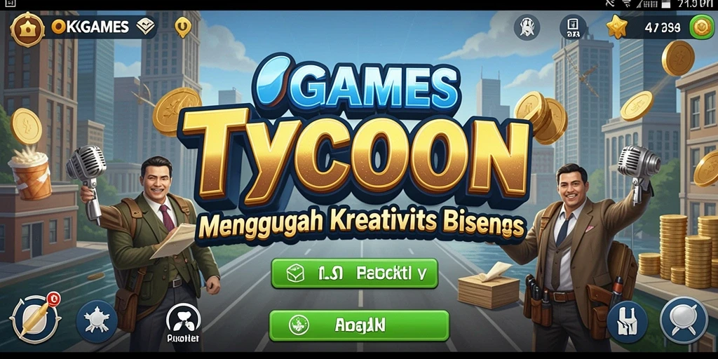 Screenshot utama gameplay OKGAMES menampilkan kesibukan manajemen bisnis.