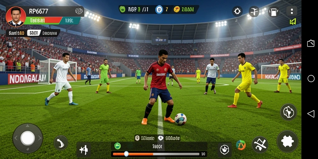 Screenshot gameplay RP6677 menampilkan aksi sepak bola yang mendebarkan.